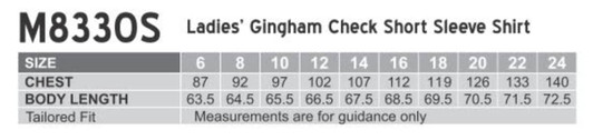 A chart detailing the sizes and measurements for a women's gingham check short sleeve shirt, including chest and body length.