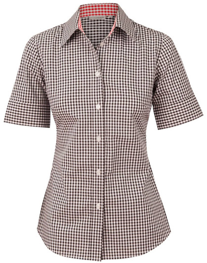 A women's short-sleeved button-up shirt featuring a brown and white gingham check pattern with a contrasting red inner collar.