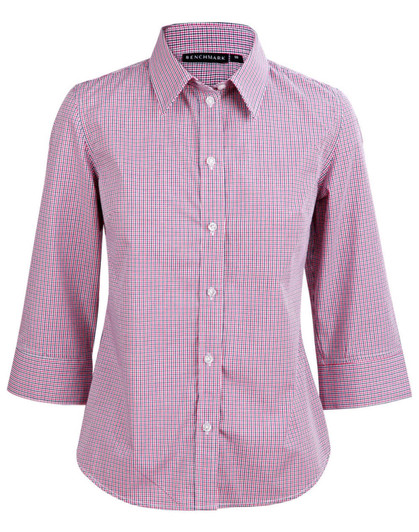 A red and white two-tone mini check button-up shirt with 3/4 sleeves and a collar. It features a logo at the neckline.