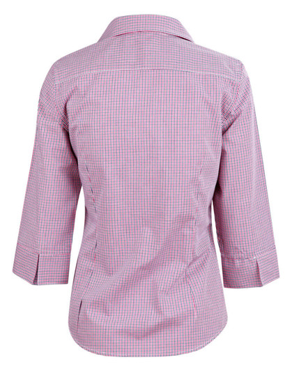 A back view of a ladies' two-tone mini check shirt in red and white with 3/4 sleeves and a collar.
