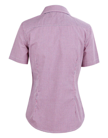 A ladies' short-sleeve button-up shirt featuring a two-tone mini check pattern in red and white, with a logo.