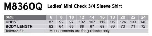 A table displaying sizing information for the Women's Mini Check 3/4 Sleeve Shirt in various measurements.