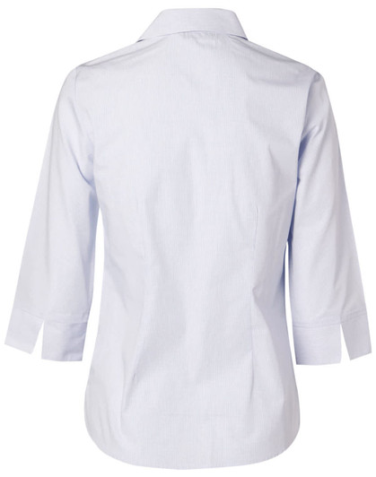 A light blue women's button-up shirt with 3/4 sleeves and an open collar, featuring a back view.