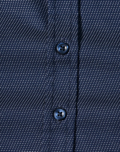 A navy blue button-up shirt with a pin dot pattern and blue buttons. Features a textured fabric design.