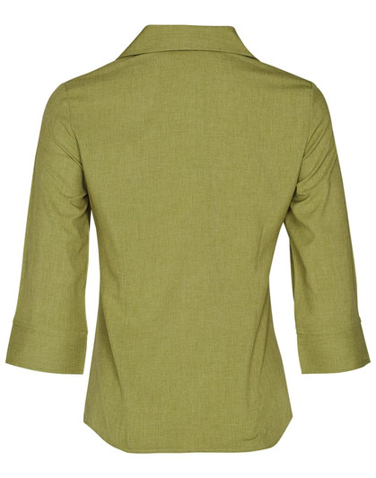 A green women's Cooldry 3/4 sleeve shirt with a back collar and rolled sleeves. It features a logo on the fabric.