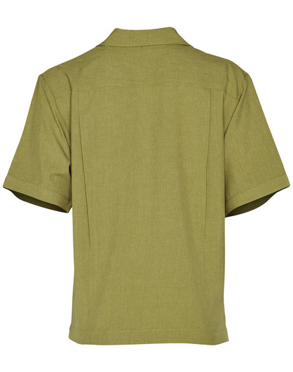 A short sleeve overblouse in olive green, featuring a collared neckline and a logo on the back.