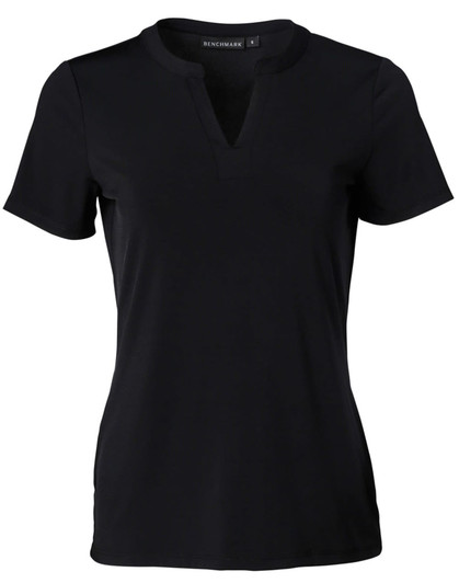 A black Ladies' V-neck with Tab S/S Knit Top featuring short sleeves and a subtle logo.