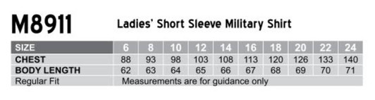 A chart displaying size measurements for a ladies' short sleeve military shirt, including chest and body length details.