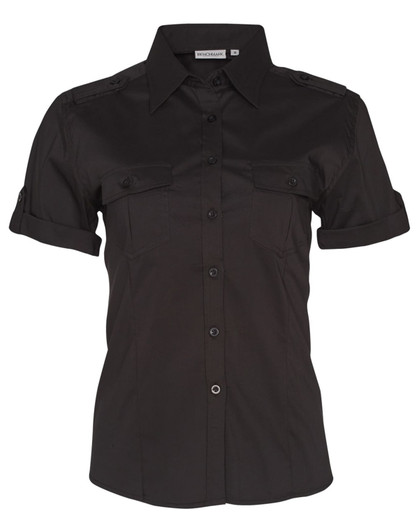 A women's short sleeve military shirt in black, featuring button-up front and two chest pockets. It has a logo.