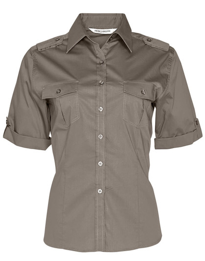 A women's short sleeve military shirt in a muted green colour, featuring button-up front and pockets, with a logo.
