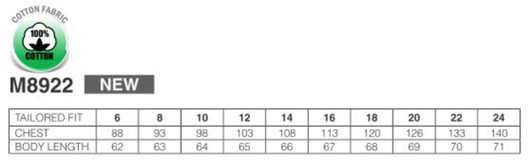 A table detailing sizes for a tailored fit ladies' button-up shirt, showcasing measurements for chest and body length.