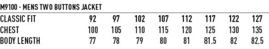 A chart listing size measurements for a Men's Two Buttons Jacket in Wool Stretch, featuring classic fit, chest, and body length.