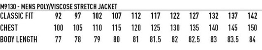A size chart for the Men's Poly/Viscose Stretch Jacket, detailing chest measurements and body lengths in various sizes.