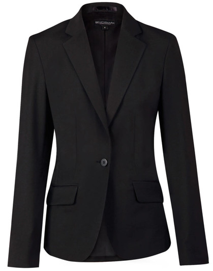 A black wool blend stretch cropped jacket featuring a one-button closure and two front pockets. Includes branding.