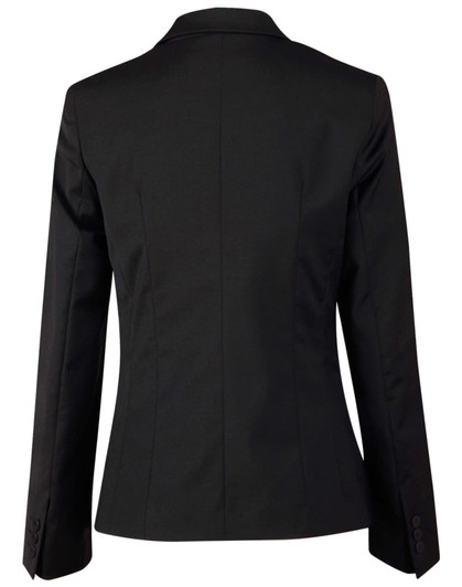 A black wool blend stretch cropped jacket featuring a one-button closure and tailored back design.
