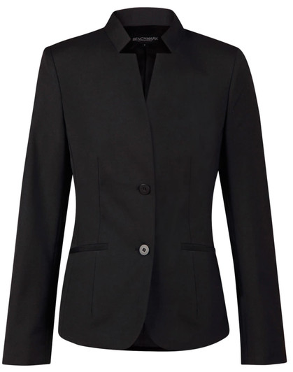 A black ladies' wool blend stretch reverse lapel jacket featuring a fitted silhouette and two buttons.
