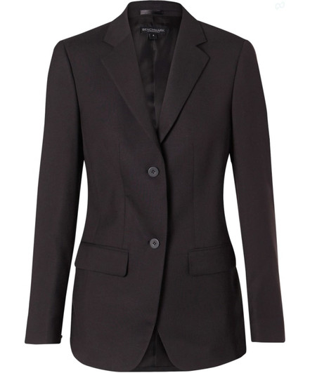 A black mid-length women's jacket with two buttons and a tailored design, featuring pockets and a single vent.