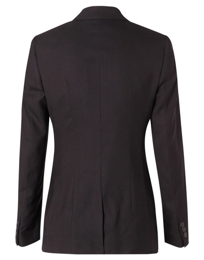 A black women's mid-length jacket featuring two buttons and a fitted design, made from poly/viscose stretch fabric.