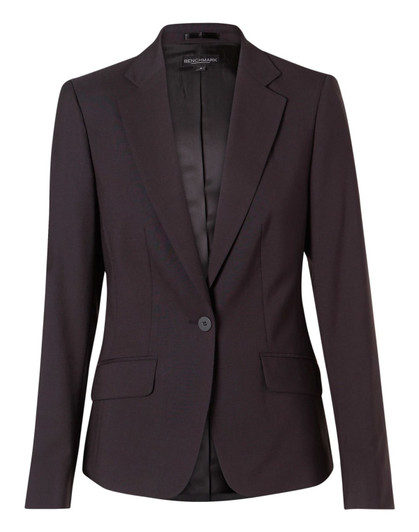 A women's cropped blazer in a deep brown hue with a one-button closure and two front pockets. Features a sleek design.