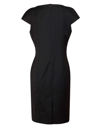 A black ladies' wool blend stretch cap sleeve dress with a fitted silhouette and a back zipper.