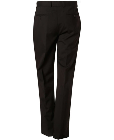 Men's stretch wool blend pants in black, featuring a tailored fit and two back pockets. Includes a logo.