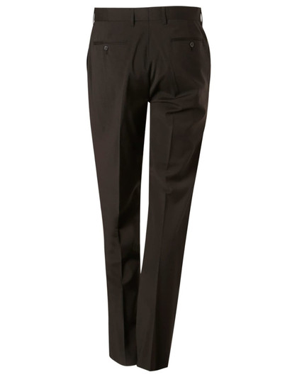 Men's stretch wool blend pants in dark brown, featuring a sleek design with back pockets and a logo.