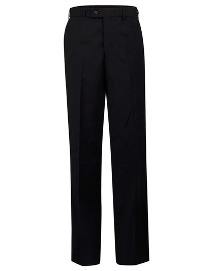 Men's black wool blend stretch flexi waist pants, featuring a tailored design and a subtle logo on the waistband.
