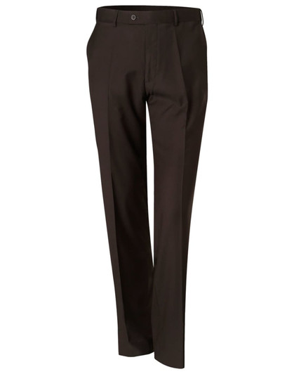 Men's polyviscose stretch pants in dark brown, featuring a tailored fit and a waistband with a button closure.