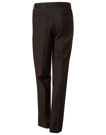 Brown men's polyviscose stretch pants with a tailored design, featuring two back pockets and a logo.