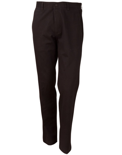 Black men's chino pants featuring a button closure, straight leg design, and a subtle logo on the waistband.
