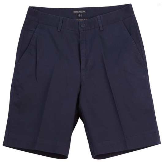 Men's chino shorts in navy blue, featuring a flat front design and pockets, with a logo on the waistband.