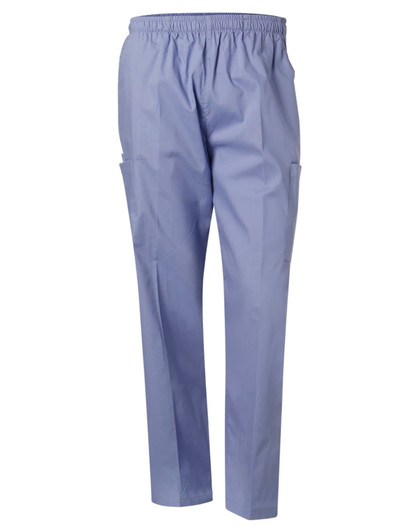 Unisex scrub pants in light blue, featuring an elastic waistband and pockets for added convenience.
