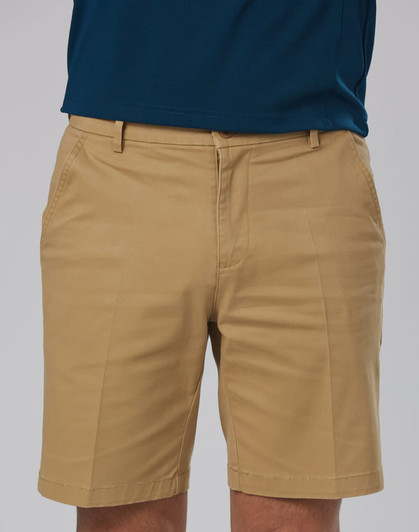 Men's stretch cotton chino shorts in a light tan colour. Features a logo on the right side.