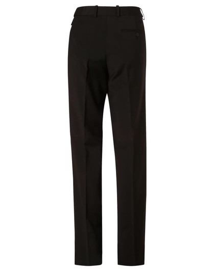 Black slim leg pants with a flexi waist, featuring a back pocket and a simple design. Includes a logo.