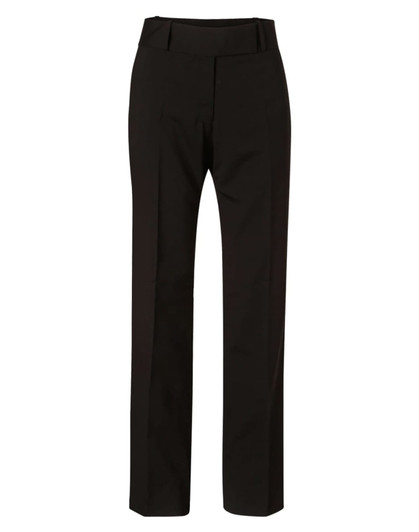 Women's low rise pants in black wool stretch with a straight leg cut. Features a simple waistband and no visible branding.