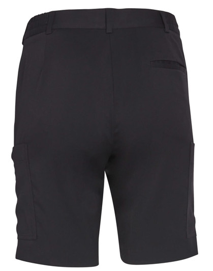 A pair of black ladies' utility cargo shorts with side pockets and an elastic waistband, featuring a simple design.