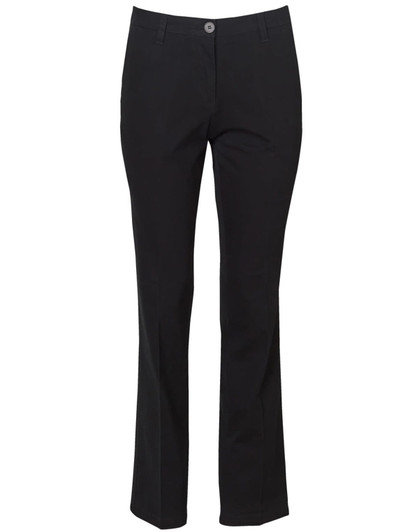 Women's chino pants in black, featuring a fitted design and a button closure. The product has a logo.