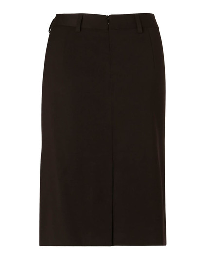 A black mid-length lined pencil skirt in poly/viscose stretch with a zip closure and a back vent.