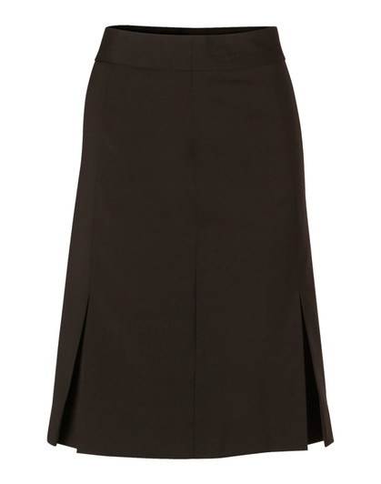 A women's pleated skirt in dark brown wool stretch, featuring a simple design and a hidden logo.