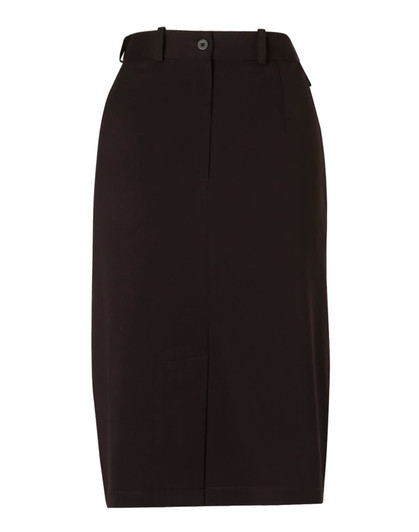 A women's A-line utility skirt in dark brown, featuring a waistband and pockets, made from poly/viscose stretch twill.