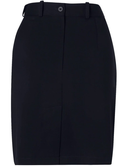 A black utility skirt featuring a fitted design, button closure, and pockets, with a logo on the waistband.