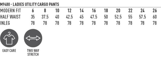 A chart displaying sizing information for ladies' utility cargo pants, including modern fit, half waist, and inleg measurements.