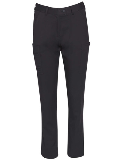 Ladies' utility cargo pants in black with multiple pockets and a fitted design, featuring a logo on the waistband.