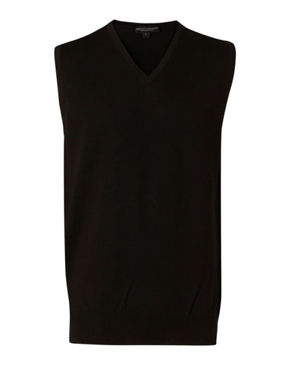 A black men's 100% Merino wool V-neck vest with a fitted design and a logo on the label.