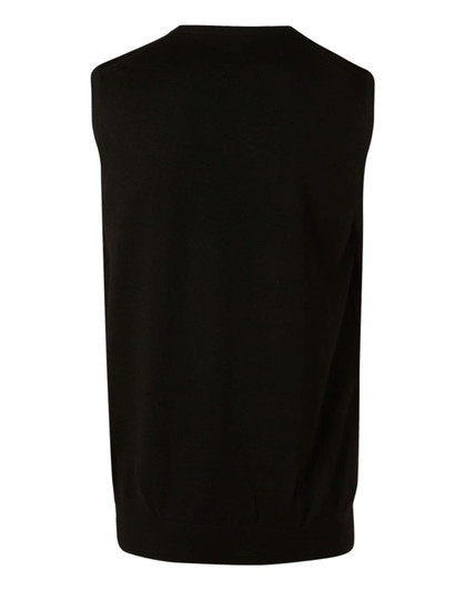 A black men's 100% Merino wool V-neck vest displayed from the back, featuring a simple design and no sleeves.