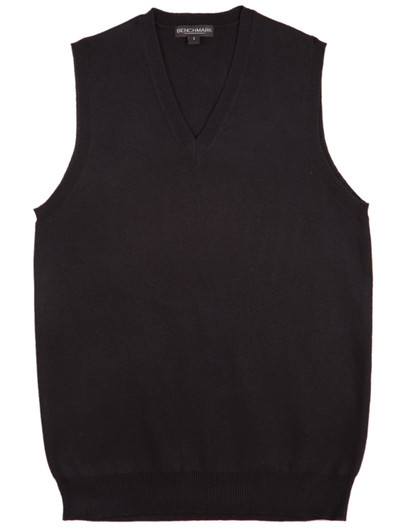 A black women's V-neck vest featuring a ribbed hem and a classic sleeveless design, with a logo at the neckline.