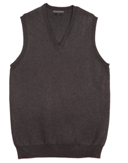 A dark grey women's V-neck vest with no sleeves, featuring a ribbed neckline and hem. It includes a brand logo.