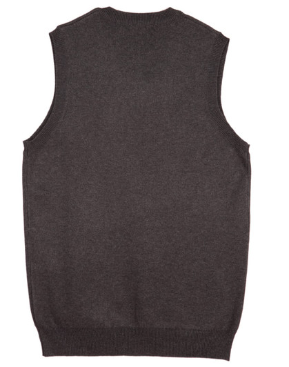 A dark grey women's V-neck vest with sleeveless design and ribbed detailing at the hem. It features a logo.