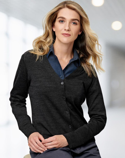 A long-sleeved women's cardigan made of 100% Merino wool in dark grey, featuring a button-up front and a v-neckline.