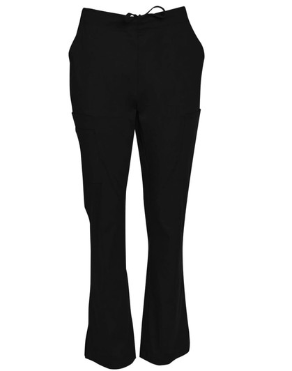 Black ladies' solid colour scrub pants with pockets and a drawstring waist. Features a logo on the fabric.